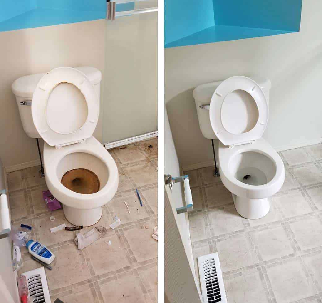 Before and after cleaning toilet