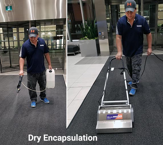 Dry encapsulation carpet cleaning